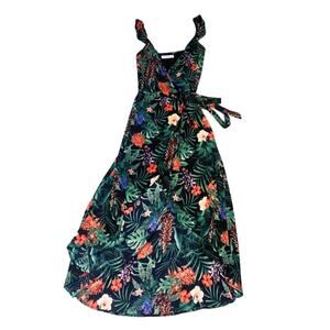 Black Dark Floral Print Wrap Long Maxi Dress Small Sleeveless Beach Tropical
